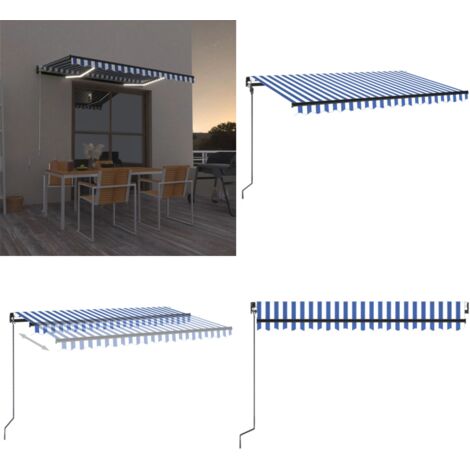 Tenda da Sole Retrattile Manuale con LED 400x300cm Blu e Bianco - Tenda da sole retrattile - Tenda da sole con LED