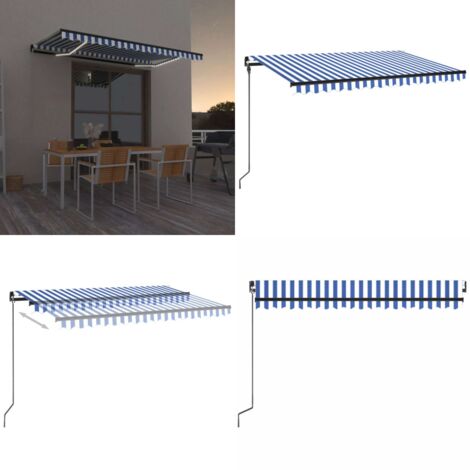 Tenda da Sole Retrattile Manuale con LED 450x300cm Blu e Bianca - Tenda da sole esterna - Tenda da sole con LED