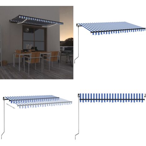 Tenda da Sole Retrattile Manuale con LED 450x350 cm Blu Bianca - Tenda da sole retrattile - Tenda da sole con LED