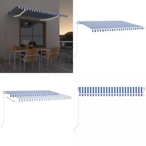 Tenda da Sole Retrattile Manuale con LED 450x350 cm Blu Bianca - Tenda da sole retrattile - Tenda da sole con LED