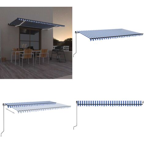 Tenda da Sole Retrattile Manuale con LED 500x300cm Blu e Bianco - Tenda da sole esterna - Tenda da sole con LED