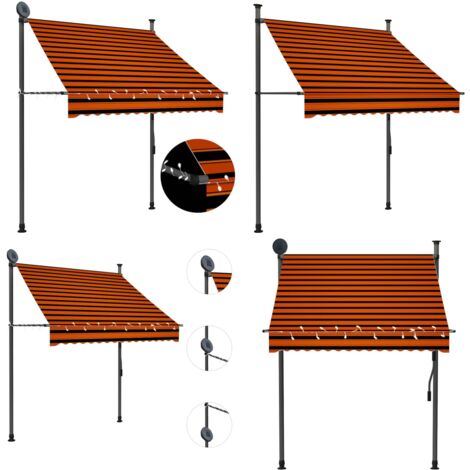 Tenda da Sole Retrattile Manuale LED 150 cm Arancione e Marrone - Tenda da sole con luci LED - Tenda da sole idrorepellente