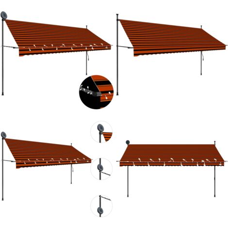 Tenda da Sole Retrattile Manuale LED 350 cm Arancione e Marrone - Tenda da sole retrattile - Tenda da sole con luci LED