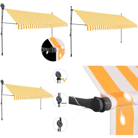 Tenda da Sole Retrattile Manuale LED 350 cm Bianca e Arancione - Tenda da sole con luci LED - Tenda da sole idrorepellente