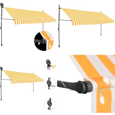 Tenda da Sole Retrattile Manuale LED 400 cm Bianca e Arancione - Tenda da sole con luci LED - Tenda da sole idrorepellente