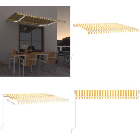 Tenda da Sole Retrattile Manuale LED 450x350 cm Giallo Bianco - Tenda da sole esterna - Tenda da sole LED