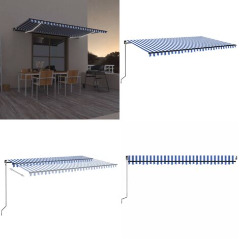 Tenda da Sole Retrattile Manuale LED 500x350 cm Blu e Bianca - Tenda da sole esterna - Tenda da sole LED