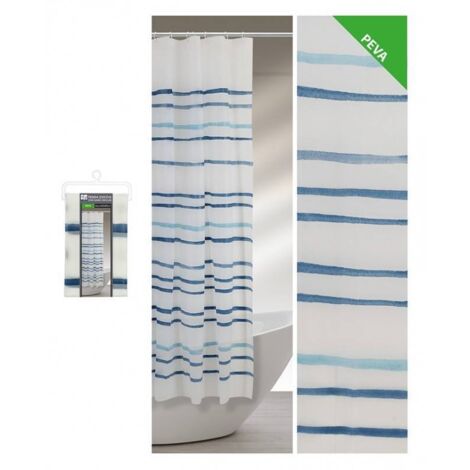 Tenda doccia 240x200cm in acrilico bianco dalle righe azzurre con ganci