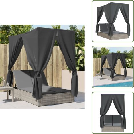 Tenda esterna - vidaXL Lettino Prendisole Tetto e Tende Grigio Chiaro in Polyrattan - Tetto esterno