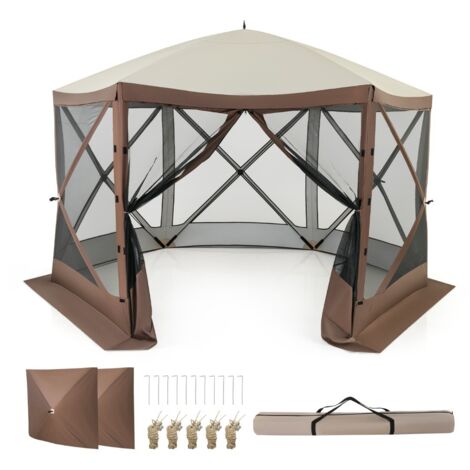 Tenda gazebo da esterno per campeggio e pareti in rete, Tenda hub a 6 lati con montaggio istantaneo Caffè