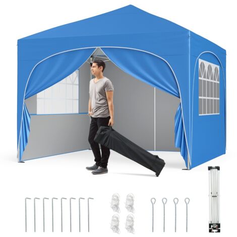 Tenda gazebo richiudibile con 4 pareti rimovibili 3x3 m borsa con ruote, Riparo sole da spiaggia pieghevole Blu