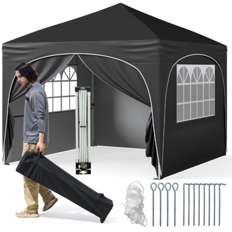 Tenda gazebo richiudibile con 4 pareti rimovibili 3x3 m borsa con ruote, Riparo sole da spiaggia pieghevole Nero