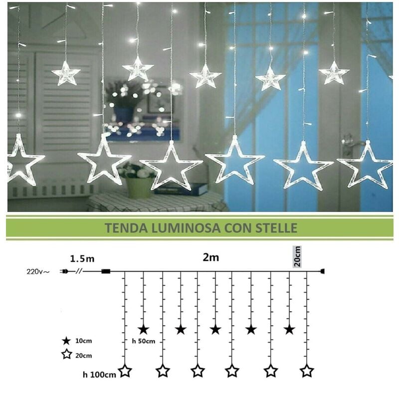 Image of Tenda luminosa led con stelle 2x1 m luci di Natale decorazioni natalizie stelline luce bianca calda per addobbo feste Bianco freddo