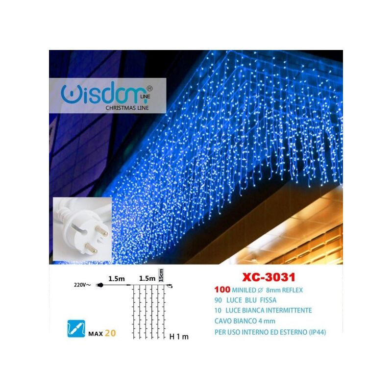 Image of Trade Shop - Tenda Luminosa Natalizia 100 Led Luce Blu Fissa + Bianca Intermittente Xc-3031