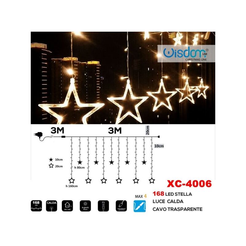 Image of Trade Shop - Tenda Luminosa Natalizia 168 Led Con Stelle Luce Calda Cavo Trasparente Xc-4006