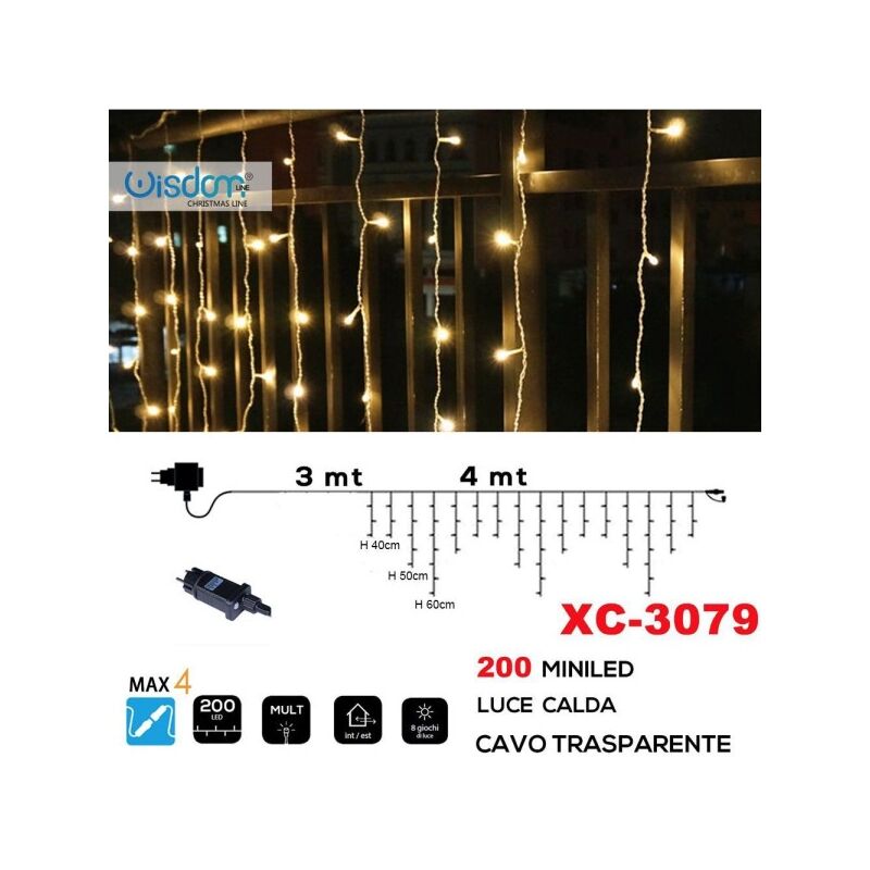 Image of Trade Shop - Tenda Luminosa Natalizia 200 Mini Led Luce Calda Cavo Trasparente Xc-3079