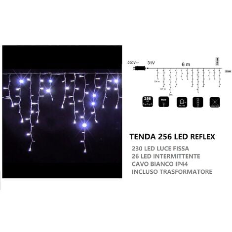 WISDOM Tenda luminosa natalizia 256 luci led 6mt a flash di natale per feste uso esterno cavo bianco impermeabile a cascata Bianco freddo