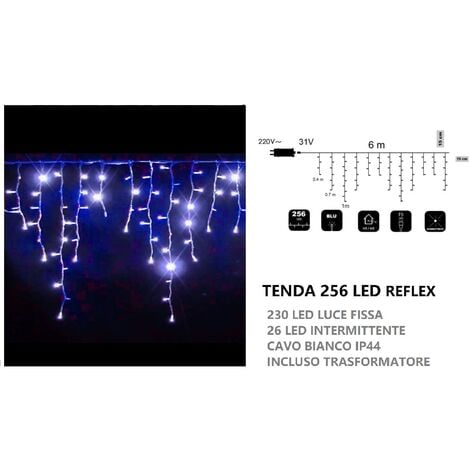 Tenda luminosa natalizia 256 luci led 6mt a flash di natale per feste uso esterno cavo bianco impermeabile a cascata  Blu