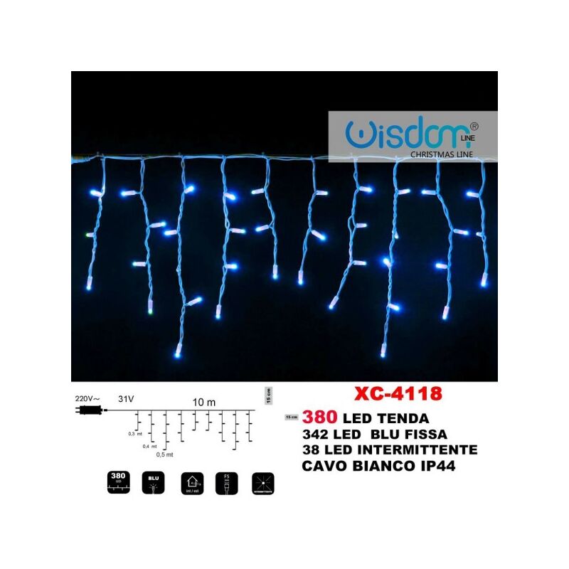 Image of Trade Shop - Tenda Luminosa Natalizia 380 Led Luce Blu Fissa + Intermittente Ip44 Xc-4118