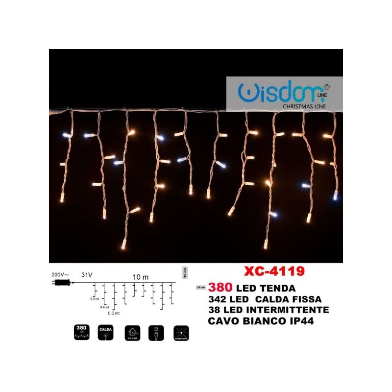 Image of Trade Shop - Tenda Luminosa Natalizia 380 Led Luce Calda Fissa + Intermittente Ip44 Xc-4119