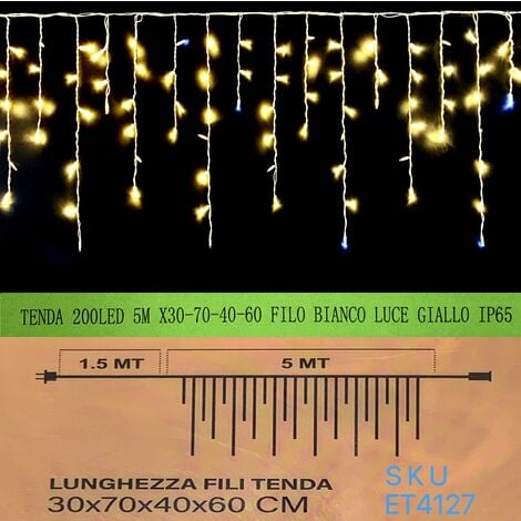 ETTROIT TENDA NATALE ESTERNO NATALIZIA 200 led 5m x 30-70-40-60 CM filo bianco luce giallo ip65 /ET4127