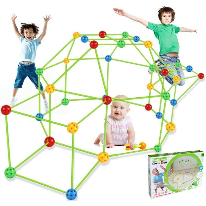 Image of Tenda per bambini, kit di costruzione di una casetta da gioco fai da te per bambini, per interni ed esterni (45 palline, 76 bastoncini con una tenda