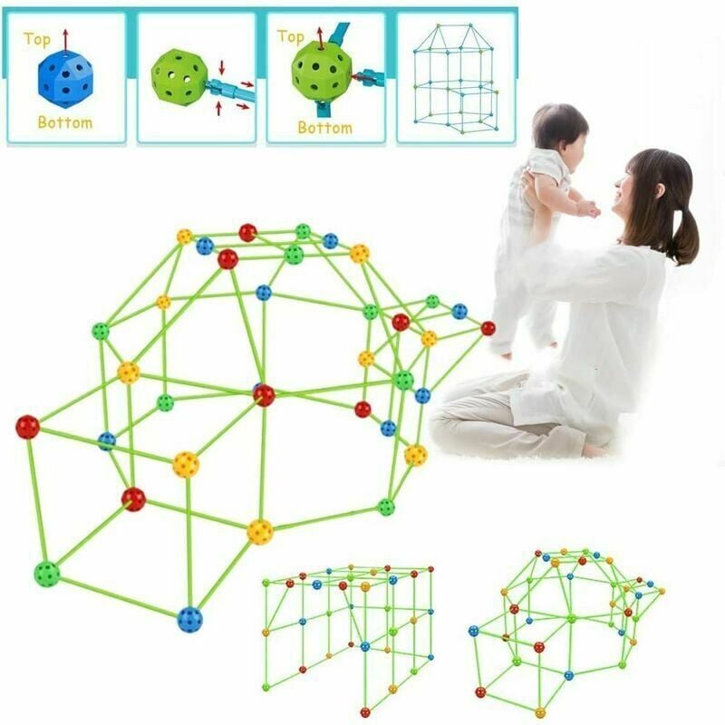 DK - Tenda per bambini, kit di costruzione di una casetta da gioco per bambini fai da te, per interni ed esterni (36 palline 51 bastoncini con