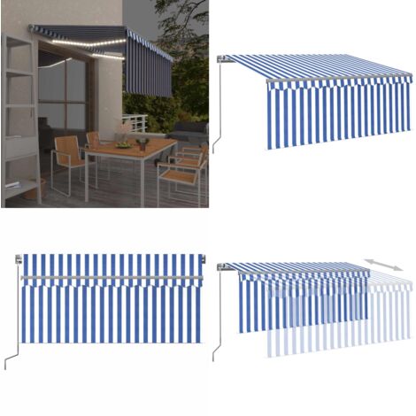 Tenda Sole Retrattile Manuale con LED 3,5x2,5 m Blu e Bianco - Tenda da sole retrattile - Tenda da sole con LED