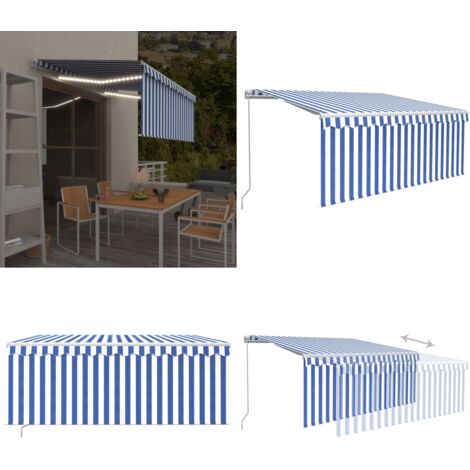 Tenda Sole Retrattile Manuale con LED 3x2,5m Blu e Bianco - Tenda da sole retrattile - Tenda da sole con LED