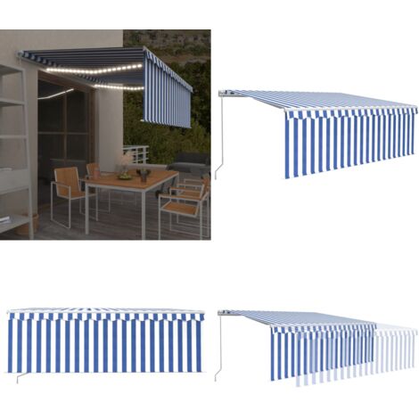 Tenda Sole Retrattile Manuale con LED 4,5x3m Blu e Bianco - Tenda da sole retrattile - Tenda da sole con LED