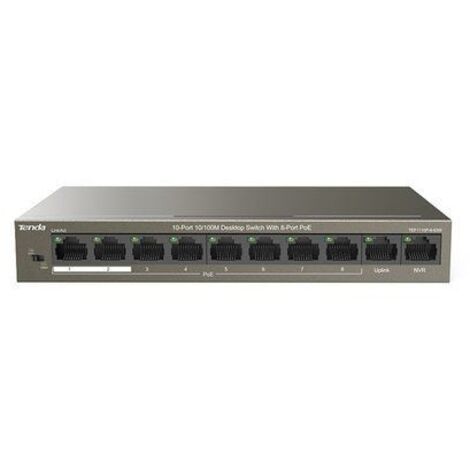Tenda Switch Non Gestito a 10 Porte Fast Ethernet (10/100) con Power over Ethernet (PoE) da 58W, Modello TEF1110P-8-63W, Nero