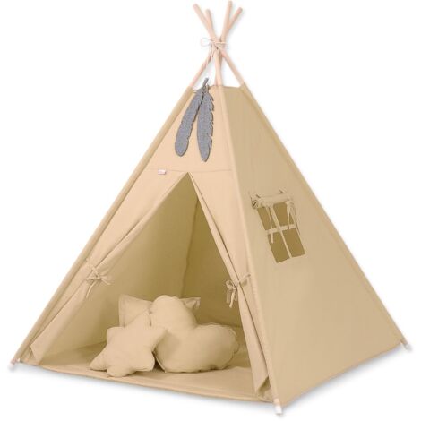 Tenda Tipi per bambini + materassino + cuscini + pendenti di piume - beige