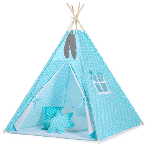 Tenda Tipi per bambini + pendenti con piume - Pois bianchi su turchese