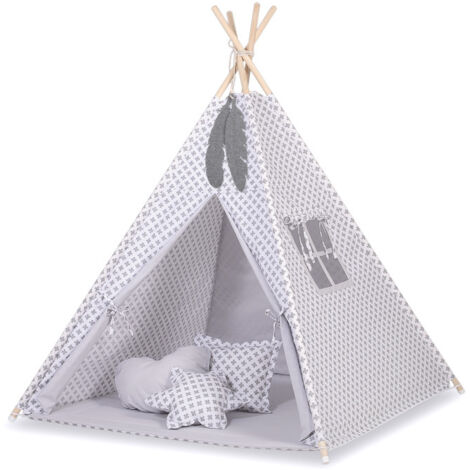 Tenda Tipi per bambini + pendenti di piume - Croci grigio/grigio