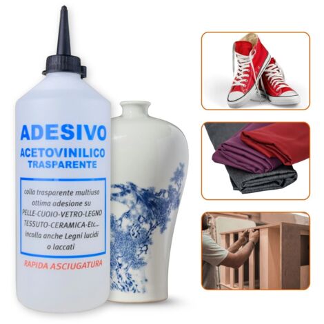 TENDAGGIMANIA Colla aceto vinilica trasparente Bricolage 500ml ADESIVO RAPIDO- Colla per tessuti, legno, ceramica, scarpe, tappezzeria