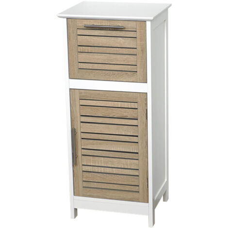 Tendance – Meuble bas de salle de bain 1 tiroir 1 étagère – Dimensions 36,5 x 30 x 83 cm – MDF blanc et chêne vieilli – Fixation autoportante
