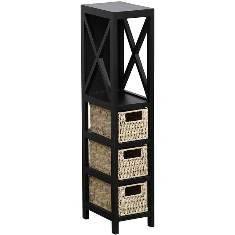 Meuble de rangement en Bois Noir et Beige avec 1 Étagère et 3 Paniers h 82 cm Tendance