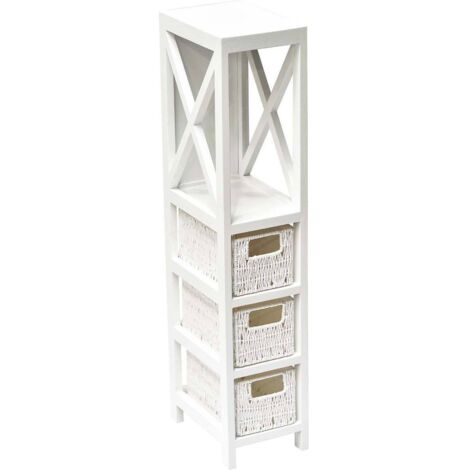 Tendance – Meuble de rangement salle de bain en bois de paulownia blanc – 1 étagère et 3 paniers – Dimensions H 82 cm – Idéal pour espaces réduits