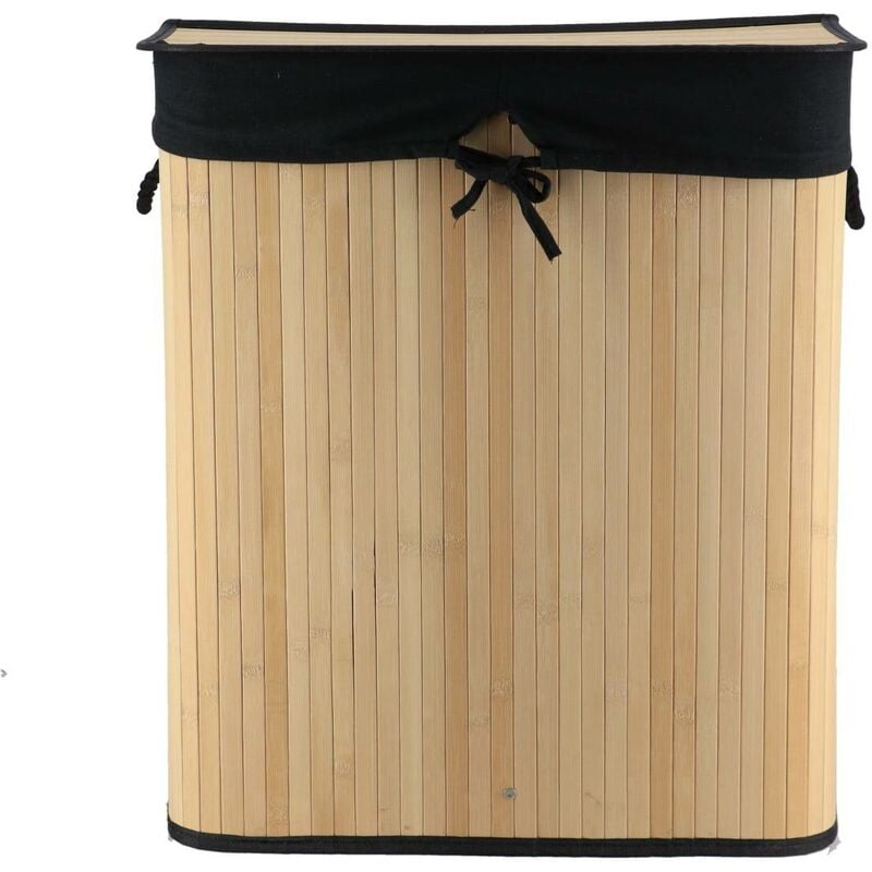 Paniere a linge rectangulaire pliable double compartiment - bambou tissu lin noir Tendance