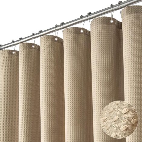 Tende da doccia in tessuto waffle strutturato resistente per bagno, tenda da bagno ponderata con 12 ganci in plastica, 180 x 200 cm, Beige