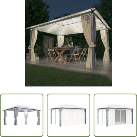 Tende stringa LED -  Gazebo con Tende Stringa di Luci LED 400x300 cm Crema Alluminio