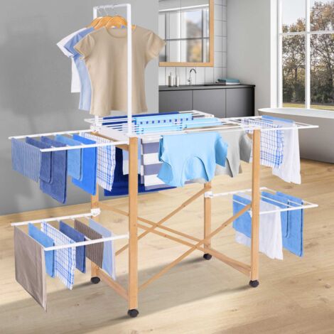 Tendedero de diseño DELUXE imitación madera con espacio para colgar la ropa