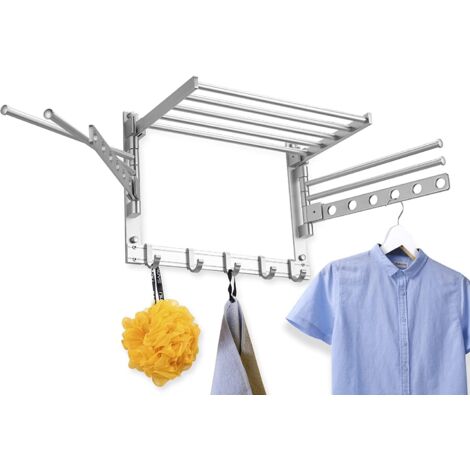 Tendedero de pared, 6 brazos giratorios, 2 barras giratorias con 6 agujeros y 5 ganchos, plegable, aluminio negro, 40 cm (15,8 pulgadas), ahorra espacio.