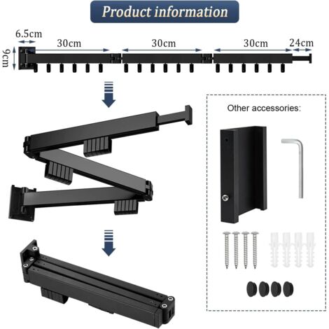 Tendedero de pared de 120 cm, tendedero plegable para interiores, tendedero de pared con 12 ganchos, tendedero de pared para balcón, lavandería, baño, dormitorio (negro)
