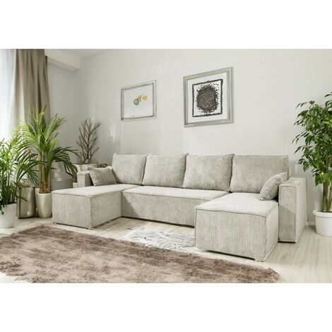Tendencio – Canapé convertible 3 places ANAFI en velours côtelé beige – Assise moelleuse en mousse 28kg/m3 – Ressorts ondulés pour confort optimal