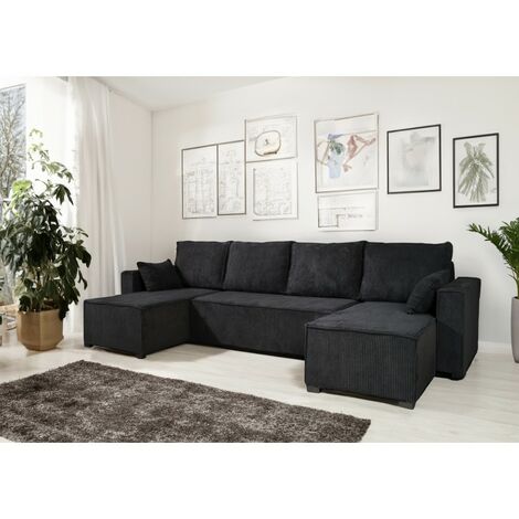 Tendencio – Canapé convertible 3 places ANAFI en velours côtelé noir – Assise en mousse 28kg/m3 – Ressorts ondulés pour confort optimal