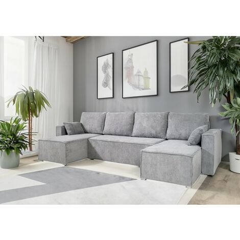 Tendencio – Canapé convertible 3 places ANAFI – Velours côtelé gris – Assise en mousse 28kg/m3 – Ressorts ondulés pour confort optimal