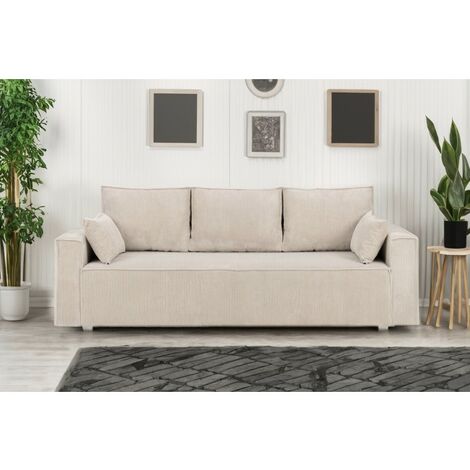 Tendencio – Canapé convertible 3 places en velours côtelé beige – Confort optimal pour salon – Dimensions compactes pour petits espaces