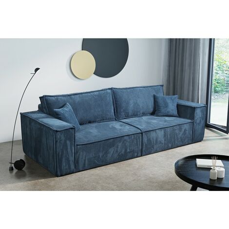 Tendencio – Canapé convertible 3 places VELLA en velours côtelé bleu – Longueur 255 cm – Profondeur 105 cm – Design moderne