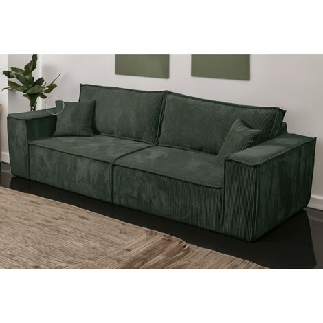 Tendencio – Canapé convertible 3 places en velours côtelé vert – Longueur 255 cm – Profondeur 105 cm – Design moderne pour intérieur élégant